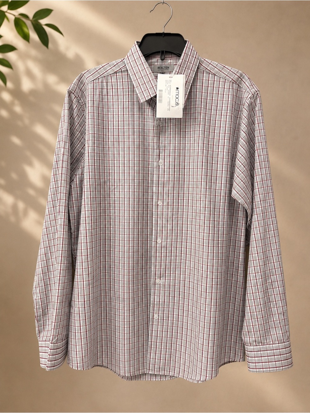 Kenneth Cole Reaction White and Red Plaid Long-Sleeve Dress Shirt